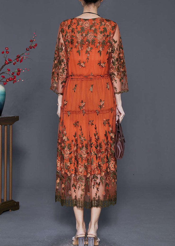 Stylish Orange Embroidered Drawstring Tulle Dress Summer