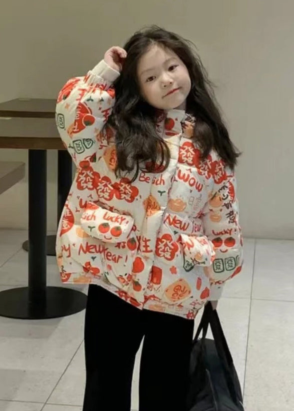 Stylish Orange Hooded Print Pockets Cotton Filled Girls Parka Winter