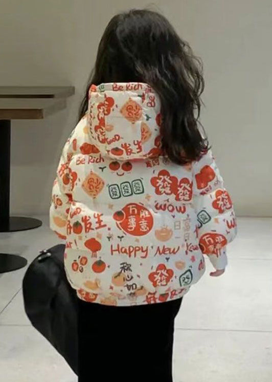 Stylish Orange Hooded Print Pockets Cotton Filled Girls Parka Winter