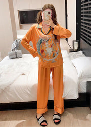 Stylish Orange Peter Pan Collar Print Ice Silk Pajamas Two Piece Suit Set Spring