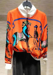 Stylish Orange Print Knit Sweater Long Sleeve