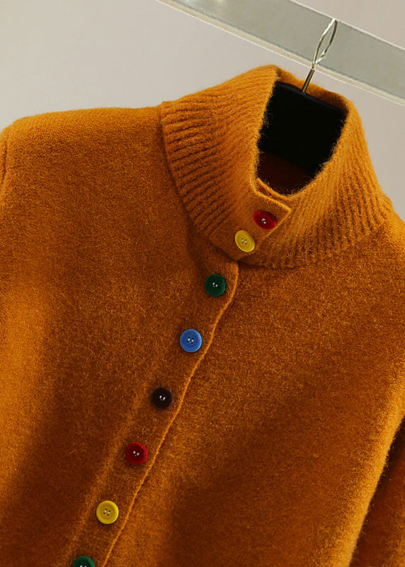 Stylish Orange Stand Collar Patchwork Cotton Knit Sweaters Winter