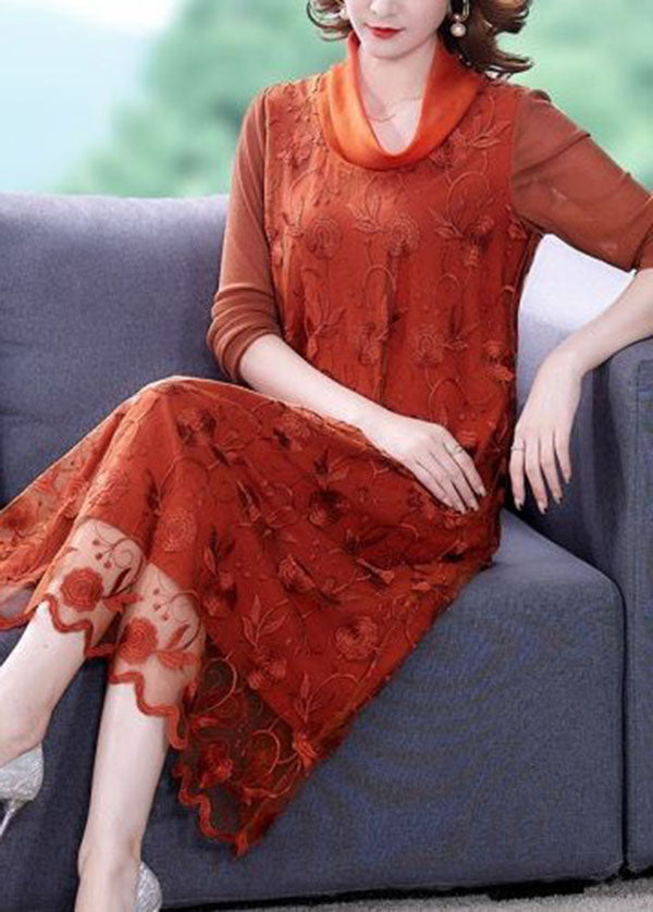 Stylish Orange Turtle Neck Embroideried Tulle Vacation Dresses Spring