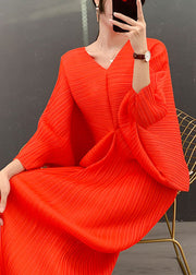 Stylish Orange V Neck Striped Wrinkled Dress Batwing Sleeve