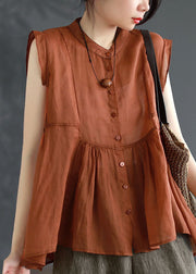 Stylish Orange Wrinkled Patchwork Linen Blouse Top Summer