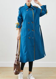 Stylish Peacock Blue Double Breast Tie Waist Cotton Coats Fall