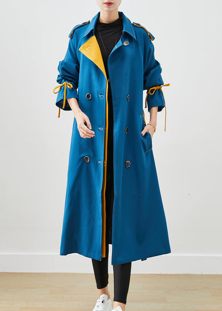 Stylish Peacock Blue Double Breast Tie Waist Cotton Coats Fall