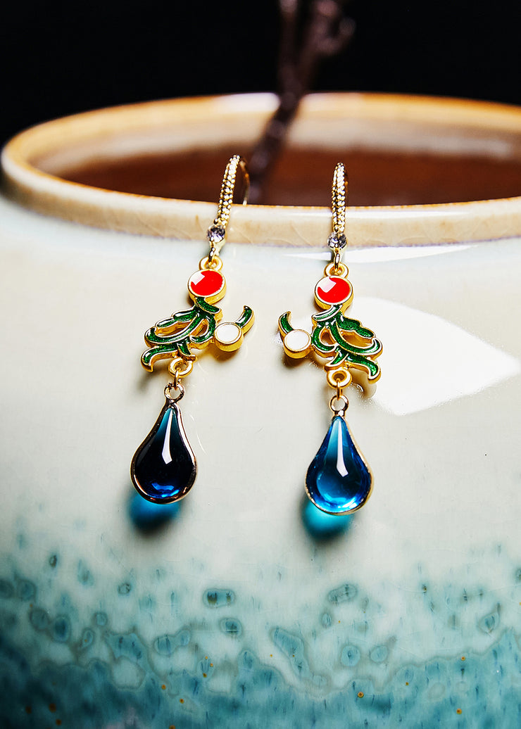 Stylish Peacock Blue Gem Stone Droplet Shape Drop Earrings