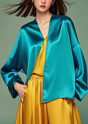 Stylish Peacock Blue Patchwork Silk Tops Fall