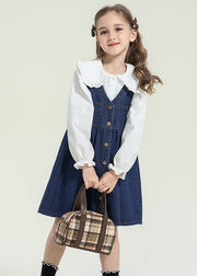 Stylish Peter Pan Collar Button Kids Long Dress And Shirts Two Pieces Set Spring