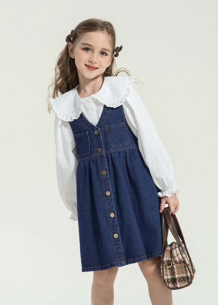 Stylish Peter Pan Collar Button Kids Long Dress And Shirts Two Pieces Set Spring