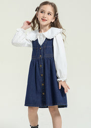 Stylish Peter Pan Collar Button Kids Long Dress And Shirts Two Pieces Set Spring