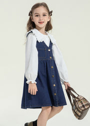 Stylish Peter Pan Collar Button Kids Long Dress And Shirts Two Pieces Set Spring