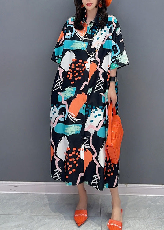 Stylish Peter Pan Collar Print Maxi Shirts Dress Summer