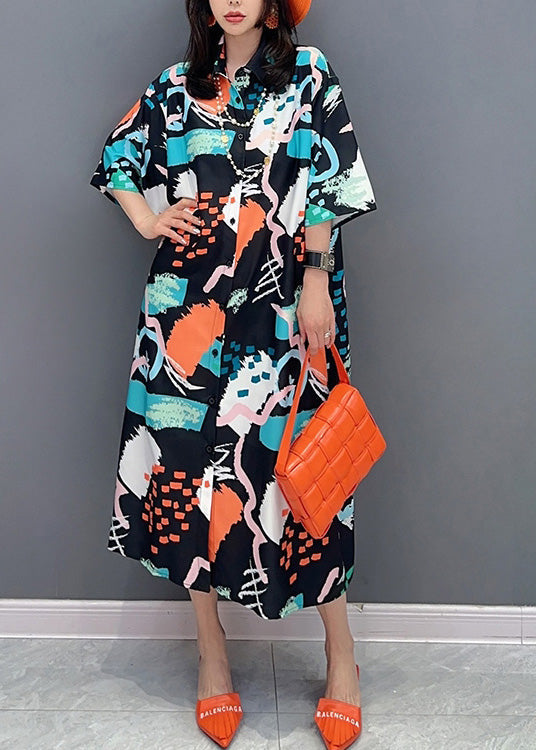 Stylish Peter Pan Collar Print Maxi Shirts Dress Summer