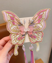 Stylish Pink Alloy Butterfly Embroidery Pearl Ribbon Girls Hairpin