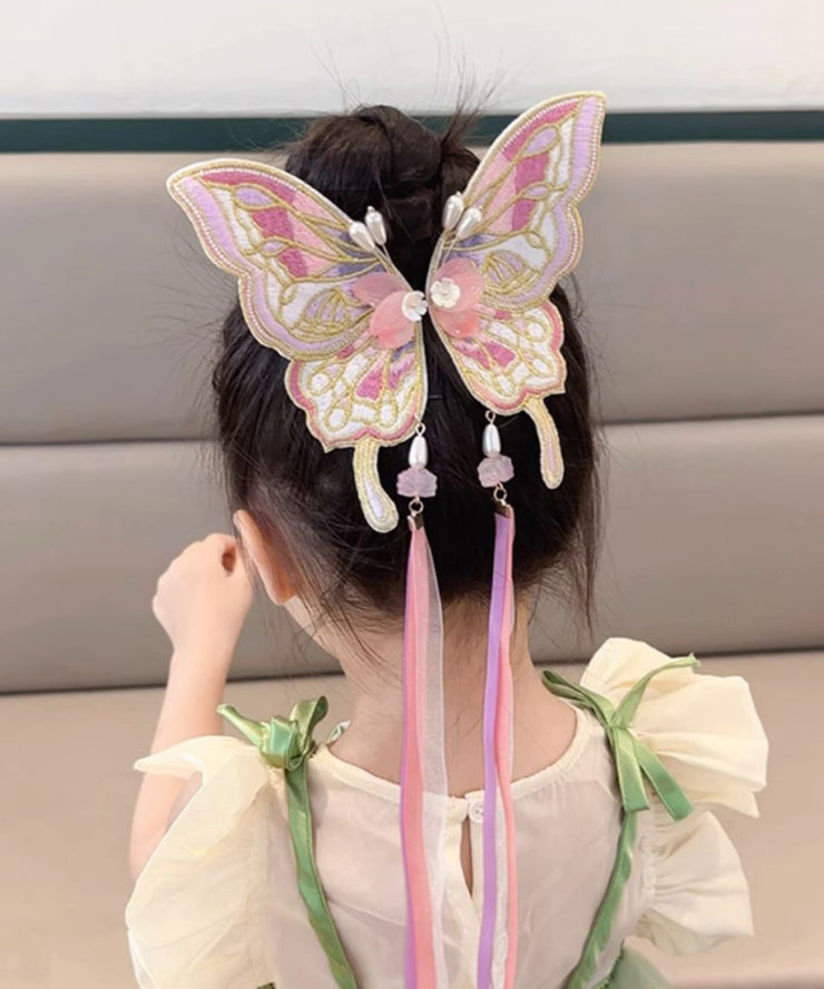 Stylish Pink Alloy Butterfly Embroidery Pearl Ribbon Girls Hairpin