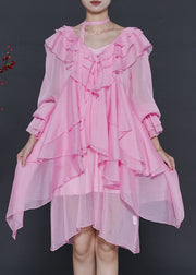 Stylish Pink Asymmetrical Ruffles Chiffon Mid Dress Spring