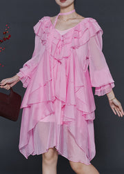 Stylish Pink Asymmetrical Ruffles Chiffon Mid Dress Fall