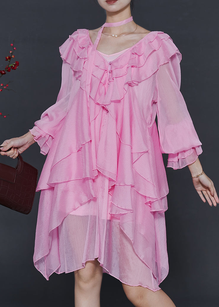 Stylish Pink Asymmetrical Ruffles Chiffon Mid Dress Spring