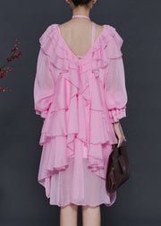 Stylish Pink Asymmetrical Ruffles Chiffon Mid Dress Fall