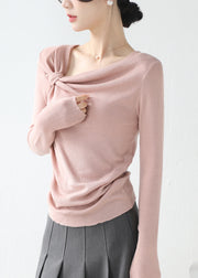 Stylish Pink Asymmetrical Wrinkled Knit Top Spring