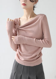 Stylish Pink Asymmetrical Wrinkled Knit Top Spring