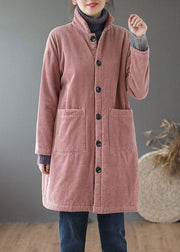 Stylish Pink Button Pockets Fine Cotton Filled Parka Winter