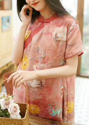 Stylish Pink Button Print Patchwork Linen Dresses Summer