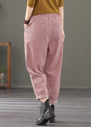 Stylish Pink Elastic Waist Patchwork Corduroy Harem Pants Fall