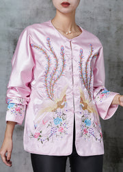 Stylish Pink Embroidered Pockets Silk Jacket Spring