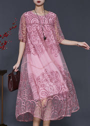 Stylish Pink Embroidered Tulle Vacation Dresses Summer