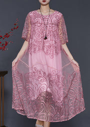 Stylish Pink Embroidered Tulle Vacation Dresses Summer