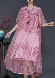 Stylish Pink Embroidered Tulle Vacation Dresses Summer