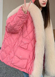 Stylish Pink Fox Hair Sailor Collar Pockets Fine Cotton Filled Puffers Jackets Winter