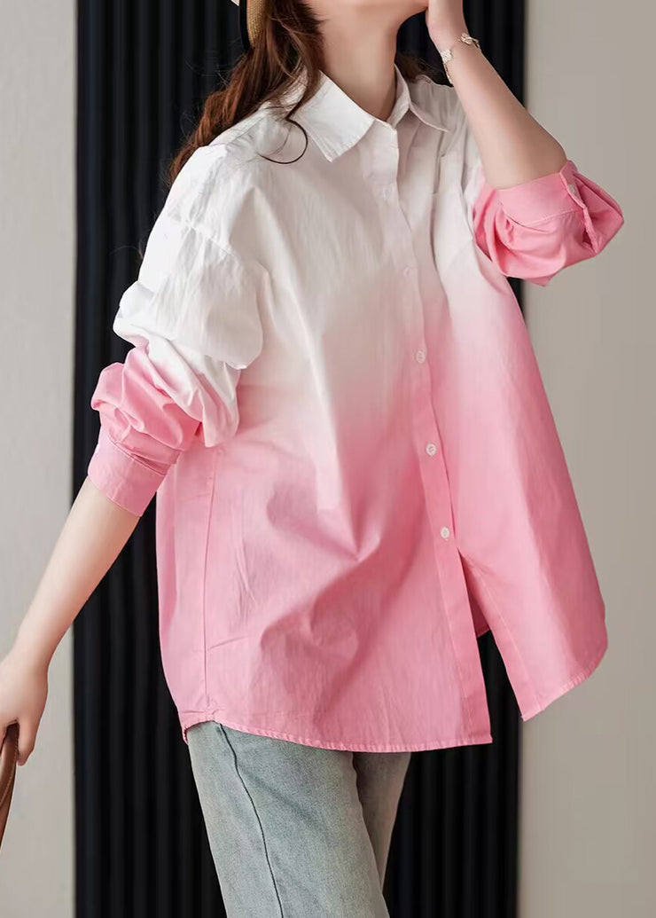 Stylish Pink Gradient Peter Pan Collar Cotton Blouse Top Spring