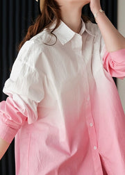 Stylish Pink Gradient Peter Pan Collar Cotton Blouse Top Spring