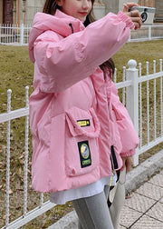 Stylish Pink Hooded Pockets Duck Down Puffers Jackets Winter