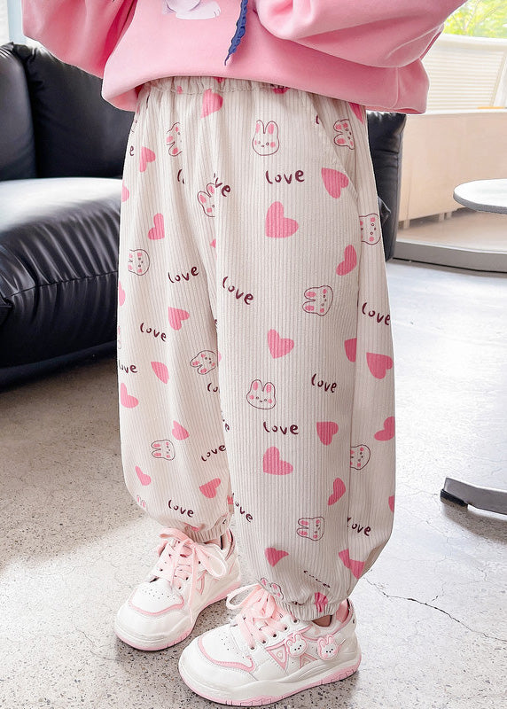 Stylish Pink Love Print Kids Beam Pants Spring