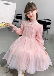 Stylish Pink Nail Bead Floral Tulle Kids Long Dresses Long Sleeve