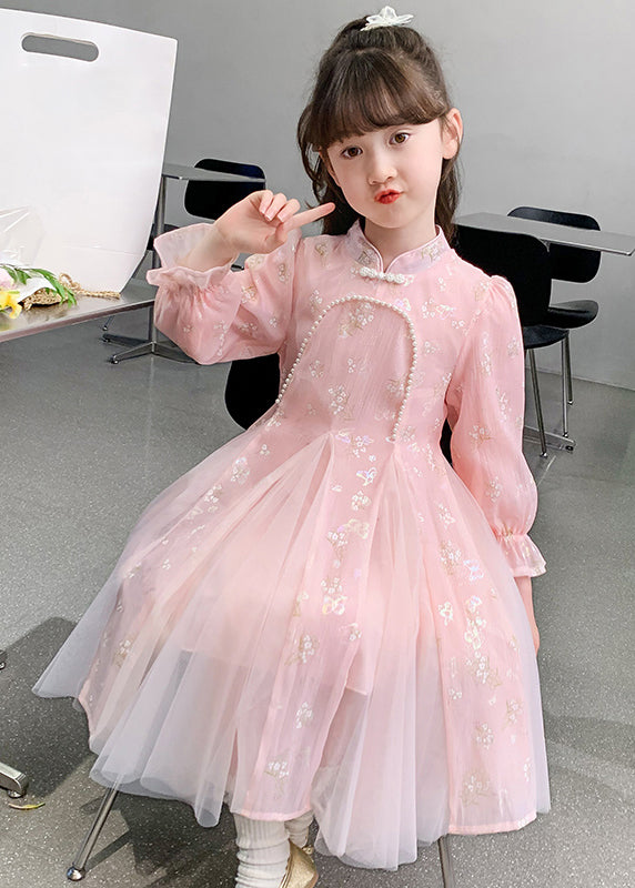 Stylish Pink Nail Bead Floral Tulle Kids Long Dresses Long Sleeve