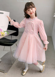 Stylish Pink Nail Bead Floral Tulle Kids Long Dresses Long Sleeve