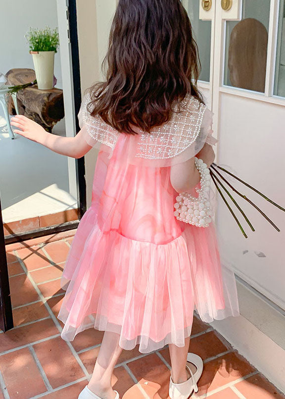 Stylish Pink Nail Bead Wrinkled Patchwork Tulle Kids Girls Dress Summer