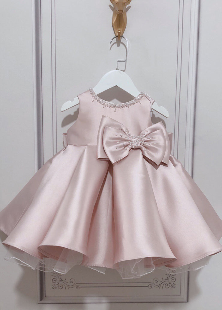 Stylish Pink O-Neck Bow Nail Bead Silk Kids Long Dress Summer