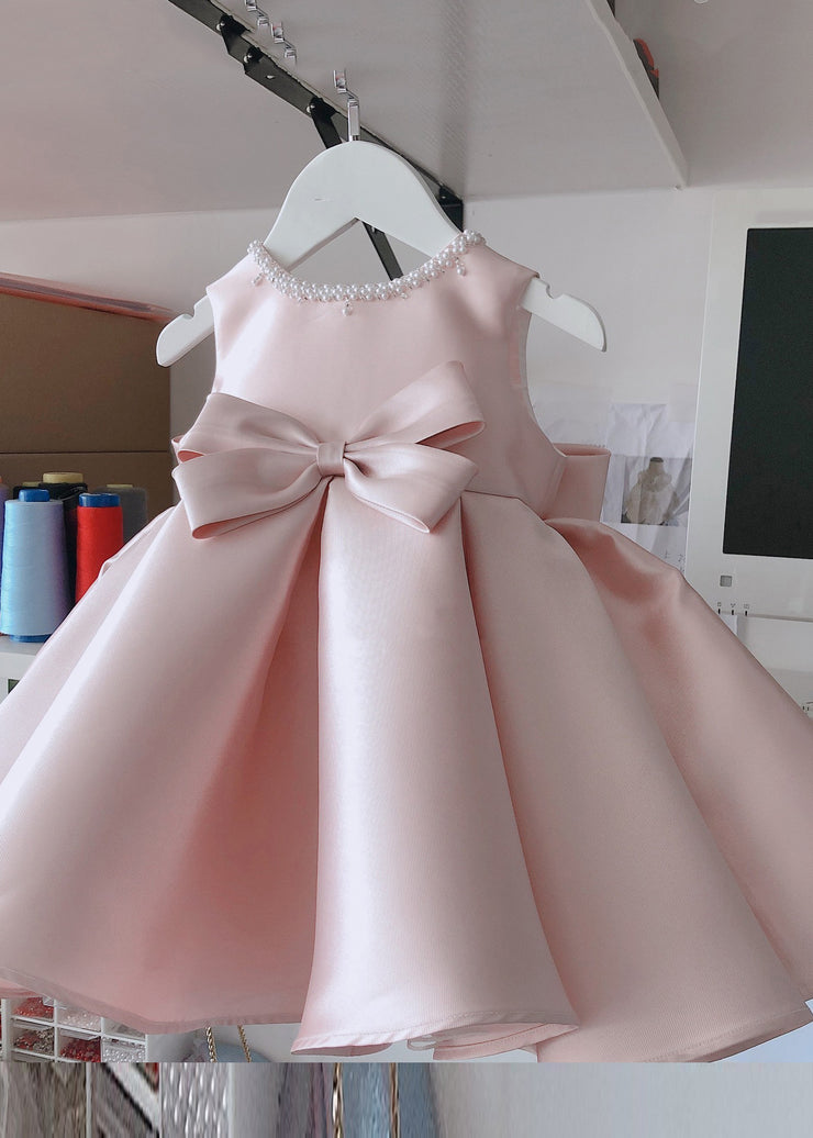 Stylish Pink O-Neck Bow Nail Bead Silk Kids Long Dress Summer