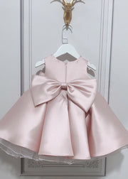 Stylish Pink O-Neck Bow Nail Bead Silk Kids Long Dress Summer