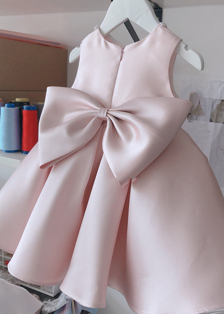 Stylish Pink O-Neck Bow Nail Bead Silk Kids Long Dress Summer