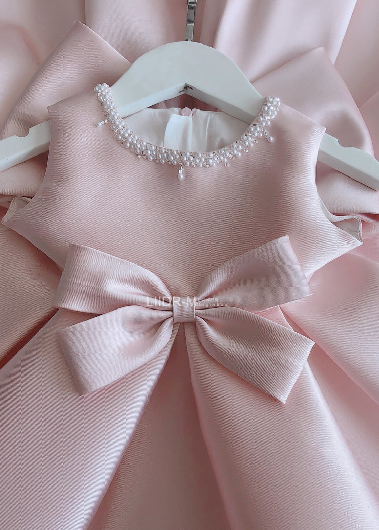 Stylish Pink O-Neck Bow Nail Bead Silk Kids Long Dress Summer