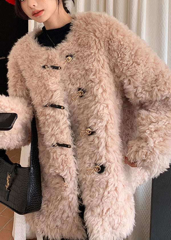 Stylish Pink O Neck Buckle Faux Fur Coat Winter