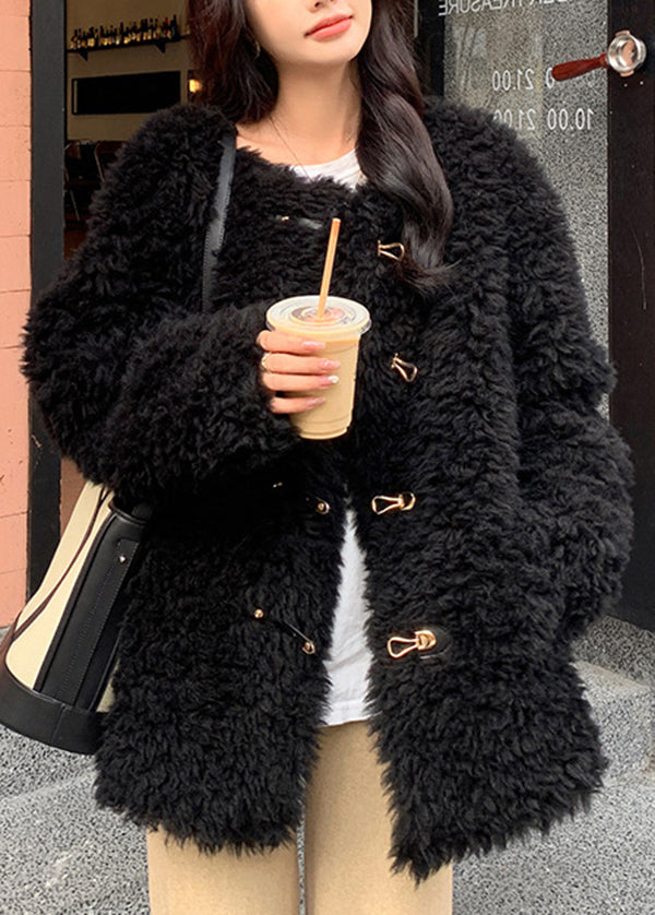 Stylish Pink O Neck Buckle Faux Fur Coat Winter